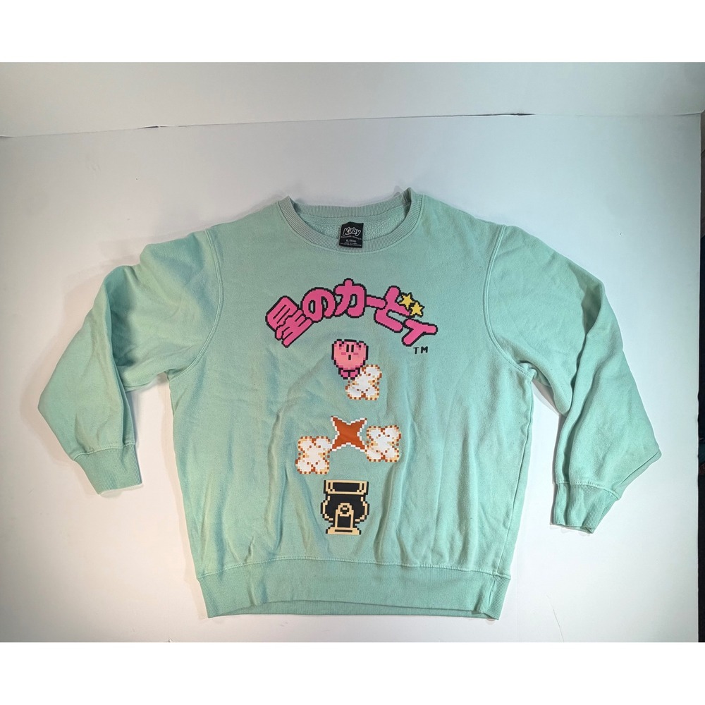 Kirby Nintendo Crewneck Sweatshirt XL Mint Green Pixel Art Retro Gaming Pullover